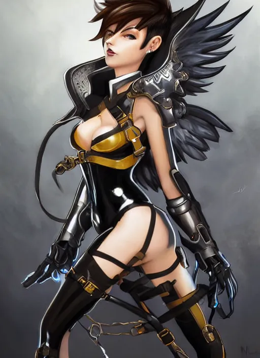 Image similar to full body artwork of tracer overwatch, wearing black latex outfit, in style of mark arian, angel wings, dramatic painting, wearing detailed leather collar, ornate highly detailed white shiny armor, chains, black harness, detailed face and eyes,