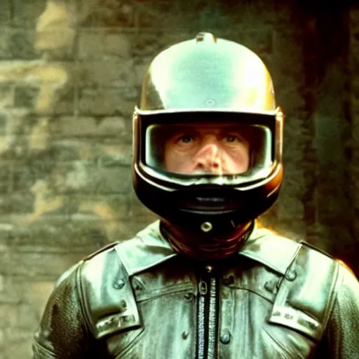 Image similar to movie still of a man with a helmet made of ether, cinematic composition, cinematic light, by edgar wright and david lynch