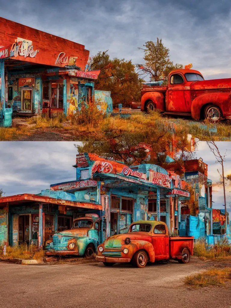 Prompt: A beautiful colorful evening scene of route66 with abandoned gas station and rusty old pickup truck :: hyper realistic