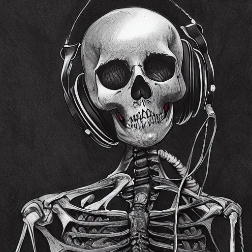 Image similar to skeleton wearing headphones, watching girl playing guitar while her black cat standing next to her, detailed intricate ink illustration, dark atmosphere, detailed illustration, hd, 4k, digital art, overdetailed art, by greg rutkowski, by loish, complementing colors, Trending on artstation