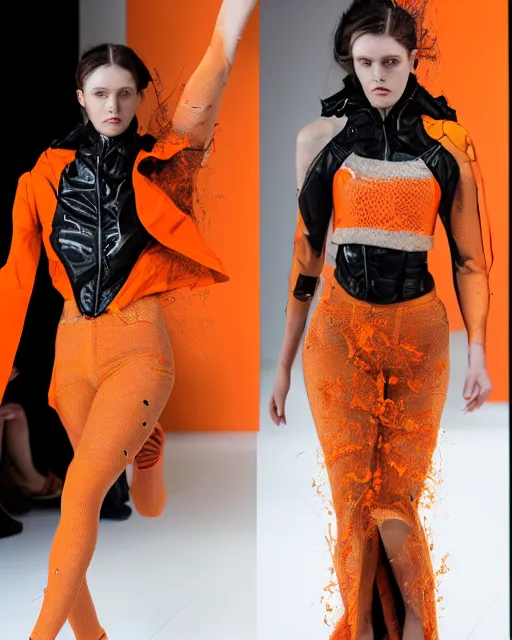 Image similar to multi panel storyboard of olivia wearing an outfit made of orange peels, runway model at new york fashion week, sporty physique, black hair, freckles, pale skin, multiple angles, photo by greg rutkowski, stage lighting, soft colors, female beauty, intricate detail, elegance, 3 5 mm, depth of field, masterpiece