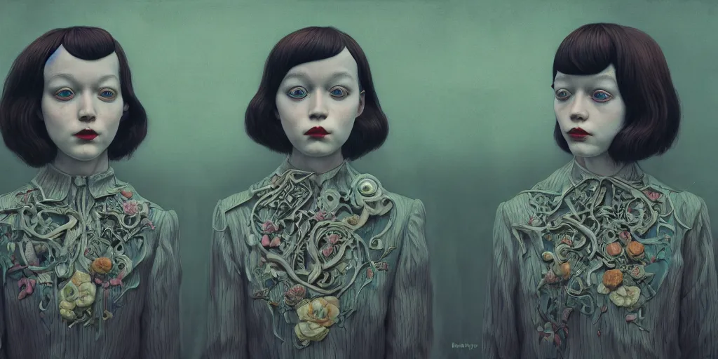 Image similar to creepy twins, dark background, backlit:: by Martine Johanna and Simon Stålenhag and Chie Yoshii and Casey Weldon and Guillermo del toro :: ornate, dynamic, particulate, intricate, elegant, highly detailed, centered, artstation, smooth, sharp focus, octane render, 3d