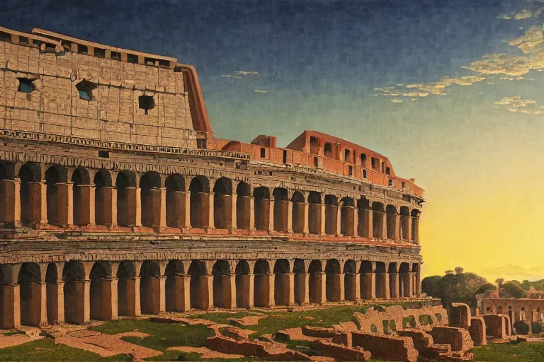 Image similar to painting of a the ancient rome, coliseum, sunset, chill, romantic, by ludwig deutsch and maxfield parrish, patterned tilework, extremely detailed, cinematic lighting, smooth sharp focus