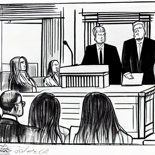 Image similar to black and white, ink drawing, line work, trump giving his deposition at his trial,