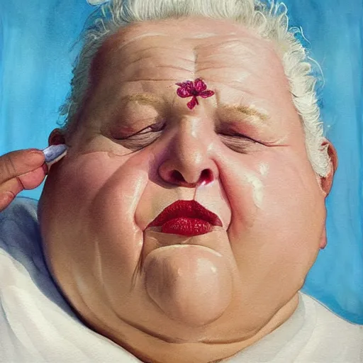 Image similar to a very funny stylize oil painting in cinematic style of a sweet fat old woman kissing her reflection. symmetry face, red mouth, blue eyes. flowery dress. hyper realistic scene. 3 d, octane render, deep focus, white scene. very funny and sweet image. unreal engine. watercolor. fellini style. poster quality. klee style.