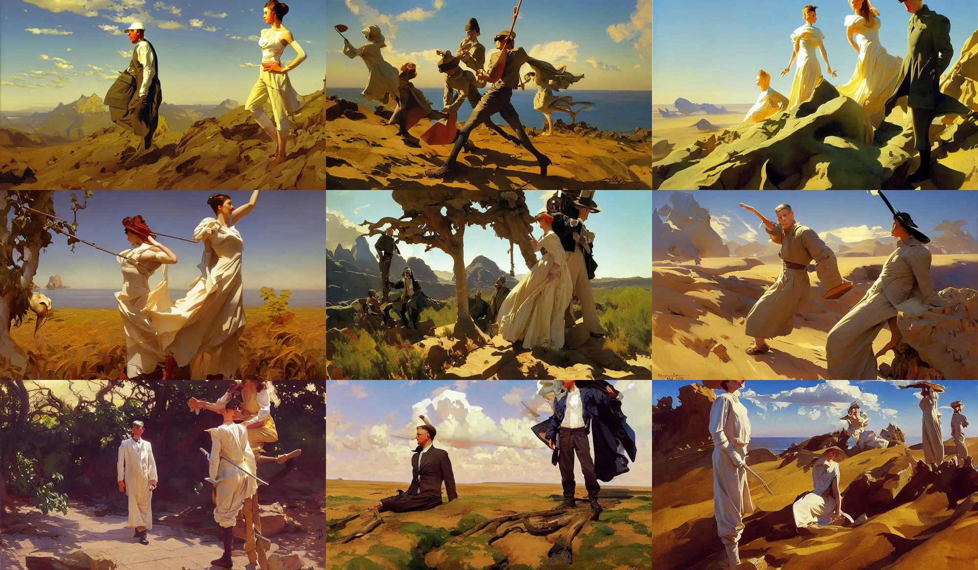 Prompt: painting by sargent and leyendecker and greg hildebrandt, michael whelan, savrasov levitan polenov, studio ghibly style surrealism fantasy landscape scenery strange lands nature single figure