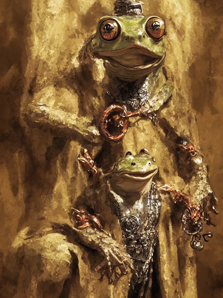 Image similar to Portrait of a medieval humanoid frog dressed in rich clothes and carrying magic trinkets, painted by Craig Mullins, trending on ArtStation