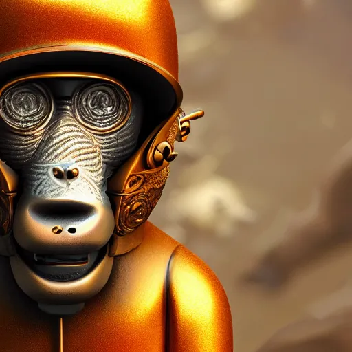 Image similar to pretty blond steampunk monkey surrounded by lava, 8 k, shallow depth of field, 8 k, ultra high detail, concept art,