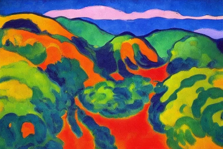 Image similar to Landscape painting. Wild energy patterns rippling in all directions. Curves, zig-zags. Organic. Mountains. Clouds. Vegetation. Rushing water. Waves. LSD. Fauvism. Emil Nolde. Matisse