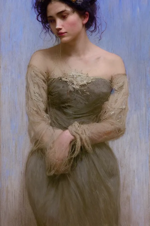 Prompt: a portrait of a young woman wearing an evening dress, black transparent lace, messy bun hairstyle, delicate face, looking away, cinematic, intricate details and textures, soft lighting, epic pose, in front of a blue - green wall, by jeremy lipking, artgerm, greg rutkowski, alphonse mucha, jeremy lipking, 8 k