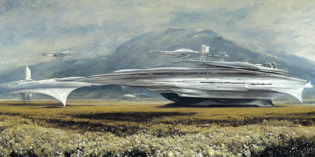 Prompt: Fernand Khnopff white giant spaceship starship battlestar airship in center on tansy wormwood field, snowy mountain afar by Fernand Khnopff by john berkey, oil painting, concept art