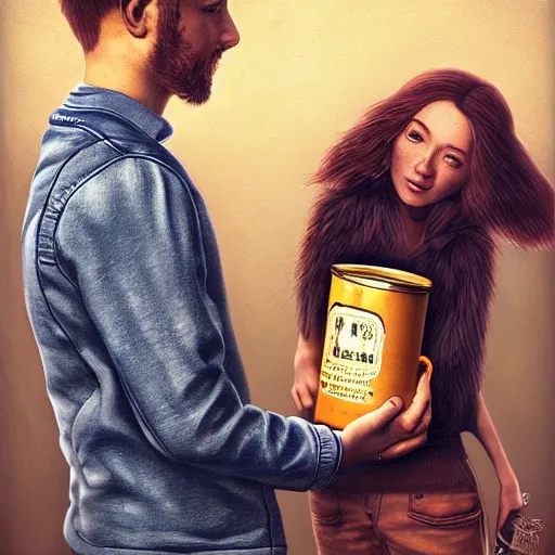 Prompt: a highly detailed portrait from behind of a young couple, holding a tin can, remote icelandic village, summer, jeans and t shirt, blonde hair, muted colors, hyper realistic, extremely realistic, realistic, by tom bagshaw, trending on artstation,