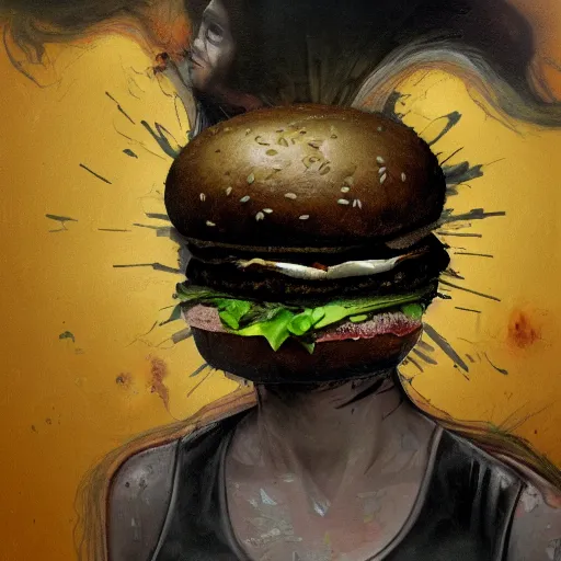 Prompt: mysterious portrait of Hope Solo emerging from the dark void eating burger, face partially melting like glitching out LSD effect, figure in the darkness of renaissance, serving big macs, covered in ketchup,Francisco Goya, painted by John Singer Sargant, Adrian Ghenie, style of Francis Bacon, highly detailed, 8k, trending on artstation