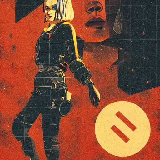 Prompt: Elle Fanning in Fallout 3 and Prey surrounded by glowing orange radiation picture by Sachin Teng, asymmetrical, dark vibes, Realistic Painting , Organic painting, Matte Painting, geometric shapes, hard edges, graffiti, street art:2 by Sachin Teng:4