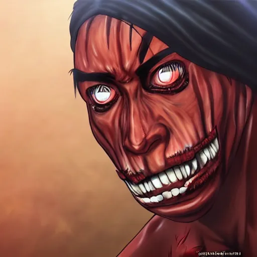 Prompt: hyper realistic and detailed digital artwork of Tupac as the colossal titan from the anime 'Attack on Titan'. The image looks creepy, dark and tetric.