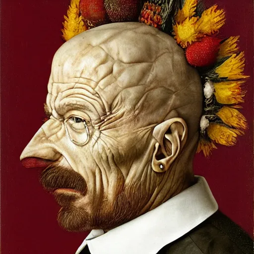 Prompt: giuseppe arcimboldo, walter white, full body shot, studio lightning