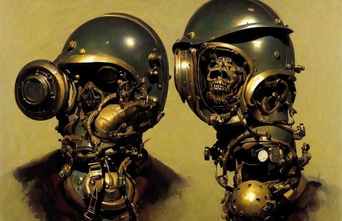 Prompt: portrait of deep sea diver helmet!!!!!!!!!!!!!!!!!!!!!!!!!!!, detailed skull face, detailed painting, epic lighting, by ilya repin, phil hale and kent williams