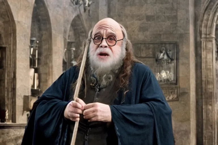 Prompt: film still of Danny DeVito as Albus Dumbledore in Harry Potter