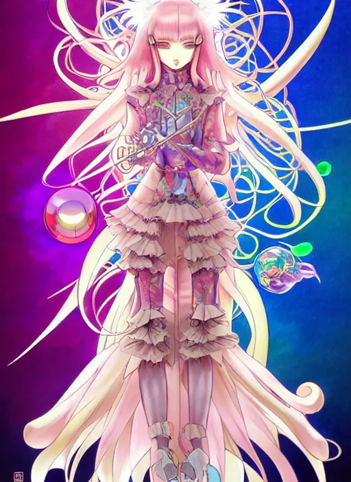 Image similar to pokemon highly detailed artgerm terada katsuya artstation manga poster of girl mechine, hajime sorayama, rainbow gradient bloom, long hair, armor, dress, laces, ruffles, 8 k, maximalist, alphonse mucha
