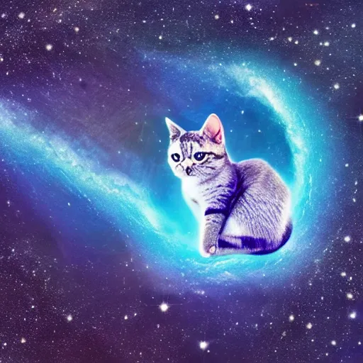 Image similar to cute cat merging with the galaxy