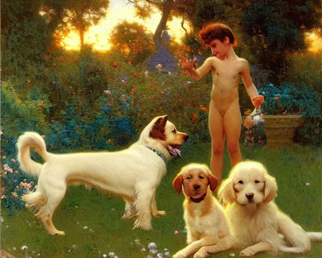 Prompt: dogs play in the backyard of a beautiful suburban home, 1 9 7 0 s sunrise painting by gaston bussiere, craig mullins, j. c. leyendecker