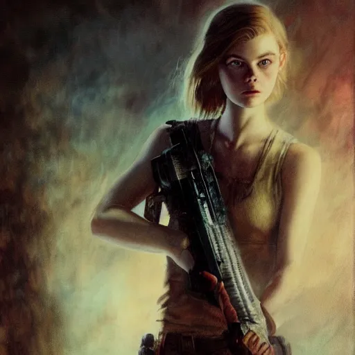 Prompt: ultra realistic medium shot masterpiece portrait painting of elle fanning in the painted world of resident evil and bruce pennington, apocalypse, cosmic horror, artstation, art by frank frazetta, 4 k, ultra realistic, highly detailed, epic lighting