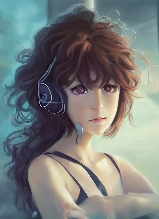 Image similar to portrait of a beautiful anime girl with curly brown hair listening to music, digital painting, trending on artstation, deviantart, artgem, perfect composition, ross draws, wlop