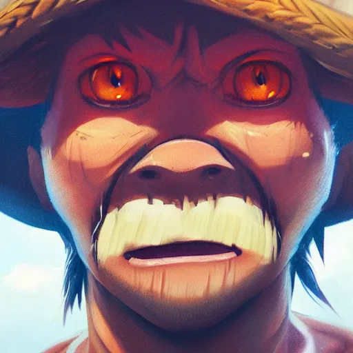 Image similar to closeup portrait of monkey d luffy, realistic portrait, dramatic lighting, trending on artstation, high detail, by greg rutkowski