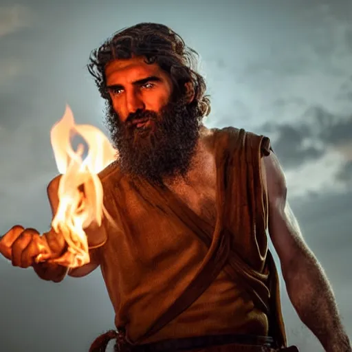 Prompt: award winning cinematic still portrait of intense 27 year old Mediterranean skinned man in Ancient Canaanite tunic, holding a flaming torch, beard, short hair, Nighttime. action, violence, Biblical epic directed by Steven Spielberg