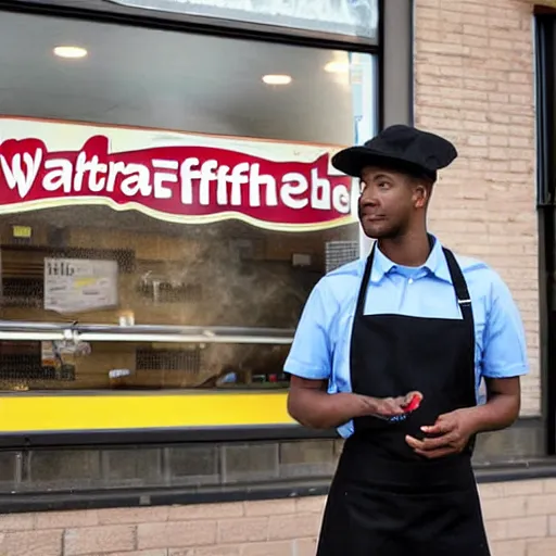 Prompt: real photograph of a wafflehouse employee standing outside smoking a cigarette in front of wafflehouse with clear view of the interior that has customers dining within, his uniform is blue shirt black hat, black apron and black pants, wafflehouse advertising photograph