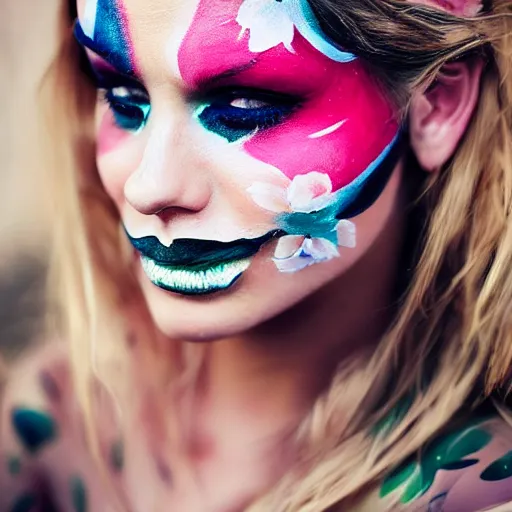 Prompt: stunning portrait photograph of a beautiful woman with her face painted. face painting of beautiful flowers. rich colors.