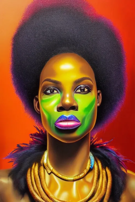 Image similar to detailed portrait of a beautiful African female with face augmentations, strong neon lighting, Afrofuturism, extravagant feathered collar, by glenn fabry, hyper realistic, HD, oil on canvas