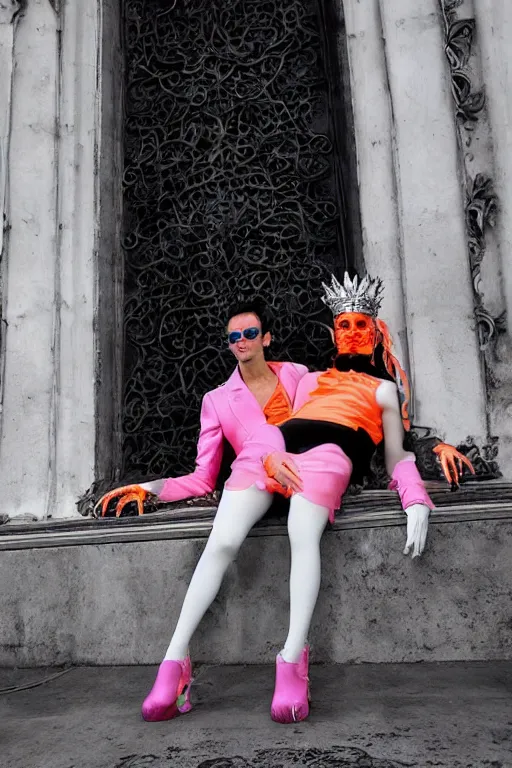 Prompt: full-body rococo and cyberpunk style neon statue of a young attractive Marc Anthony wearing cholo shades macho dotado e rico android sim roupa reclining con las piernas abertas e la piroca dura, ethereal white dripping tar, glowing orange lasers, pink tigers, glowing eyes, silver prince crown, black gears, pink diamonds, swirling mint-colored silk fabric. futuristic elements. full-length view. human skulls. large intricate artwork by caravaggio. Trending on artstation, octane render, cinematic lighting from the right, hyper realism, octane render, 8k, depth of field, 3D