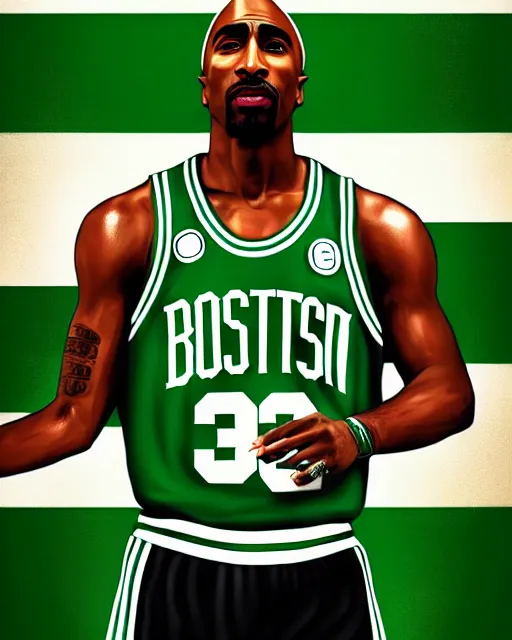 Image similar to portrait of tupac shakur, boston celtics jersey number 3 4, green, white, cartoon digital art, oil on canvas, trending on artstation, octane render