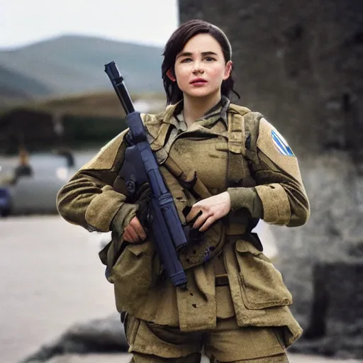 Image similar to emilia clark as a female soldier, pentax k 1 0 0 0