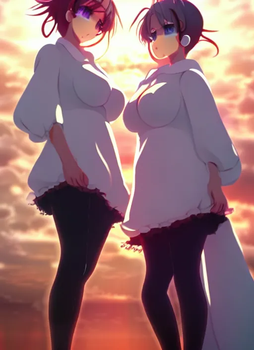 Image similar to two beautiful mothers out on a humid summer day, gorgeous faces, thick lines, cinematic lighting, detailed anime art