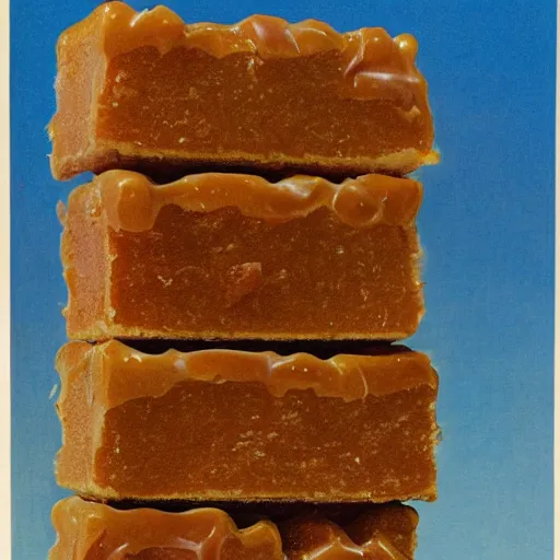 Prompt: caramel squares on a blue background, chesley bonestell, vincent di fate