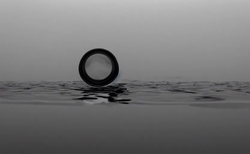 Image similar to extreme low angle camera lens partially submerged in water showing the surface of a lake, scene from a film directed by charlie kaufman ( 2 0 0 1 ), foggy volumetric light morning, extremely moody, cinematic shot on anamorphic lenses