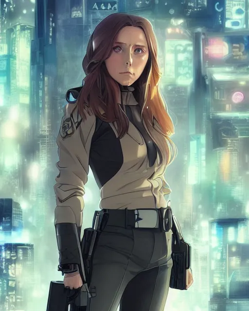 Image similar to anime key visual of elizabeth olsen police officer, cyberpunk, futuristic, perfect eyes, stunning features, perfect face!!, high details, digital painting, artstation, smooth face, soft focus, illustration, art by artgerm and greg rutkowski and alphonse mucha