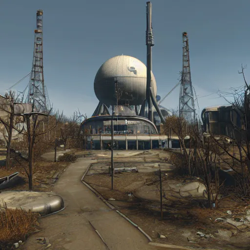 Prompt: the atomium from belgium in fallout 4, screenshot, high res, raytracing