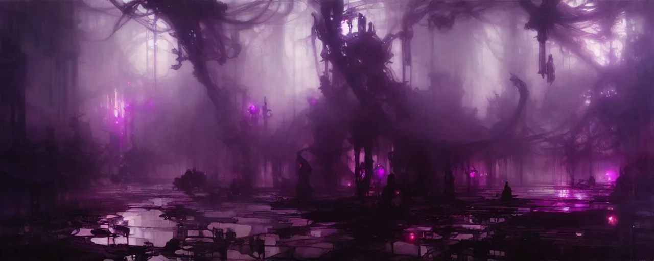 Image similar to purple heaven, intricate concept art, ethereal, ominous, dramatic lighting, Ruan Jia and Jeremy Mann and Alphonse Mucha