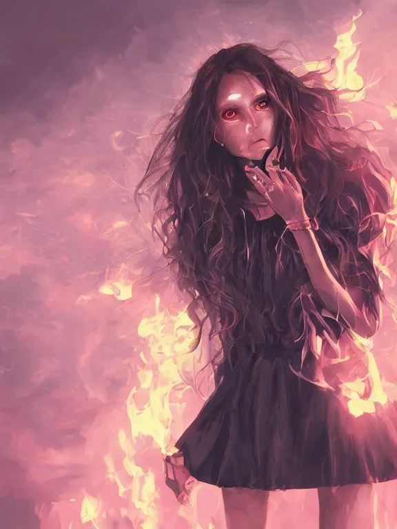 Image similar to digital illustration of a girl with eyes that burn like cigarettes wearing a short skirt and a long jacket with fingernails that shine like justice, dramatic lighting, photorealistic, extreme detail, 4 k, colorful, artgerm