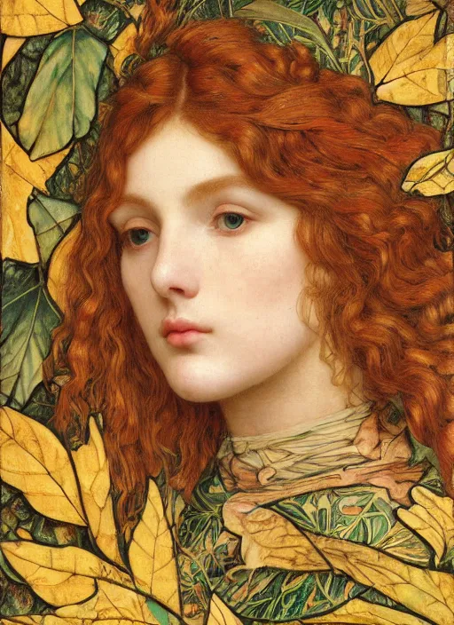 Image similar to masterpiece beautiful seductive flowing curves preraphaelite face portrait amongst leaves, extreme close up shot, straight bangs, thick set features, yellow ochre ornate medieval dress, laying amongst foliage mushroom forest circle arch, frederic leighton and kilian eng and rosetti and preraphaelites, william morris, 4 k