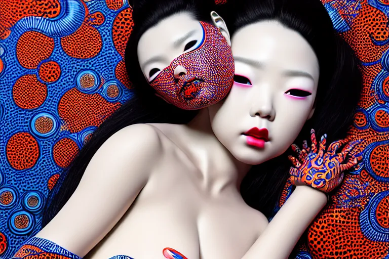 Prompt: hyperrealistic detailed image of a geisha laying in a art installation room, hd smooth interior by yayoi kusama, part by kei mieno, part by ross tran, dark art by james jean, ultra realistic, highly detailed, life like face, detailed body, 8 k, 3 d render by roger magrini, very cohesive, masterpiece