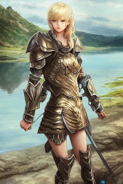 Image similar to A full body portrait of a female paladin beside a lake, blonde hair, Akihiko Yoshida, concept art, very detailed, tone mapping, matte