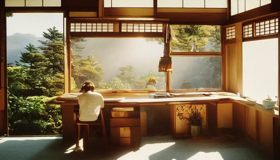 Image similar to 1 9 9 0 s candid 3 5 mm photo of a beautiful day in the a dreamy japanese flowery cottage designed by gucci, cinematic lighting, cinematic look, golden hour, a desk for flower arrangements and journaling has sun shinning on it through a window, temple in the distance, photographed by petra collins, uhd