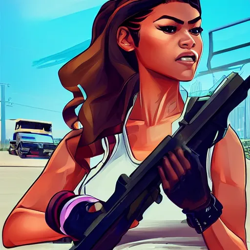 Prompt: Zendaya in the style of gta san andreas, holding pistol, in the style of artgerm, rossdraws