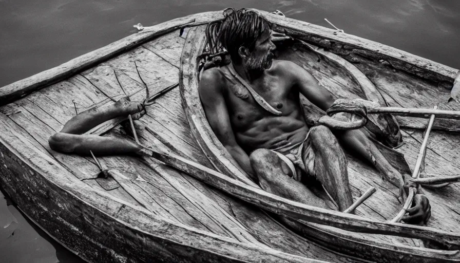 Prompt: a man in a barque made of flesh on a blood river, leica sl 2, heavy grain, high quality, high detail, in color