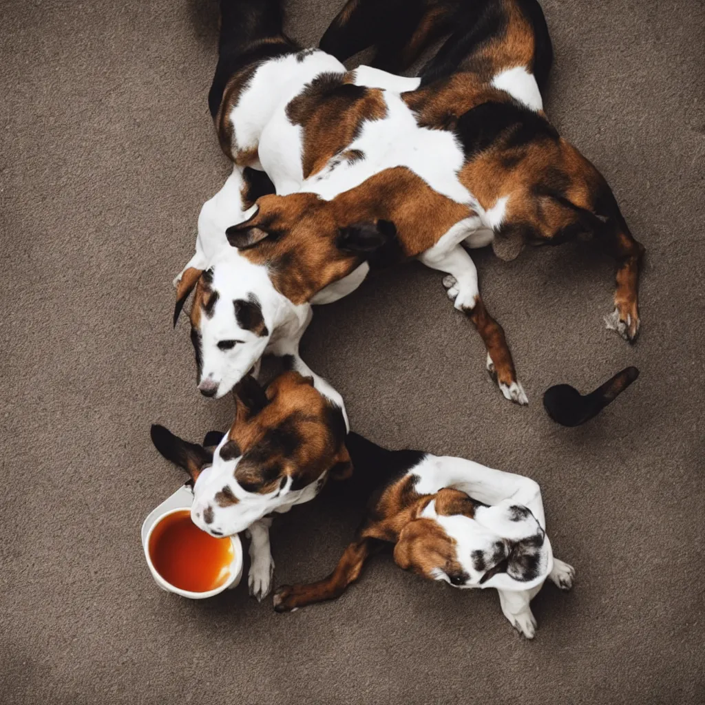 Prompt: a dog drinking tea, professional photo