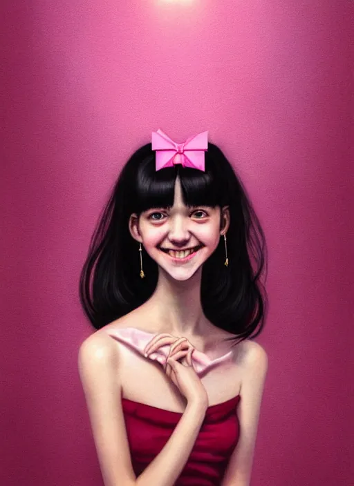 Image similar to portrait of high school girl, realistic, black hair, bangs, half updo hairstyle, pointy nose, skinny, smile, ugly, defined jawline, big chin, pink hair bow, earrings, intricate, elegant, glowing lights, highly detailed, digital painting, artstation, sharp focus, illustration, art by wlop, mars ravelo and greg rutkowski